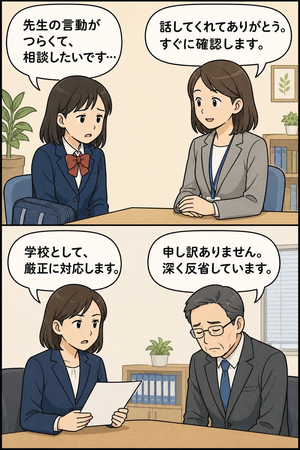 女子生徒が教員の不適切な言動を相談し、学校側が調査と厳正対応を進める様子を描いたイラスト
