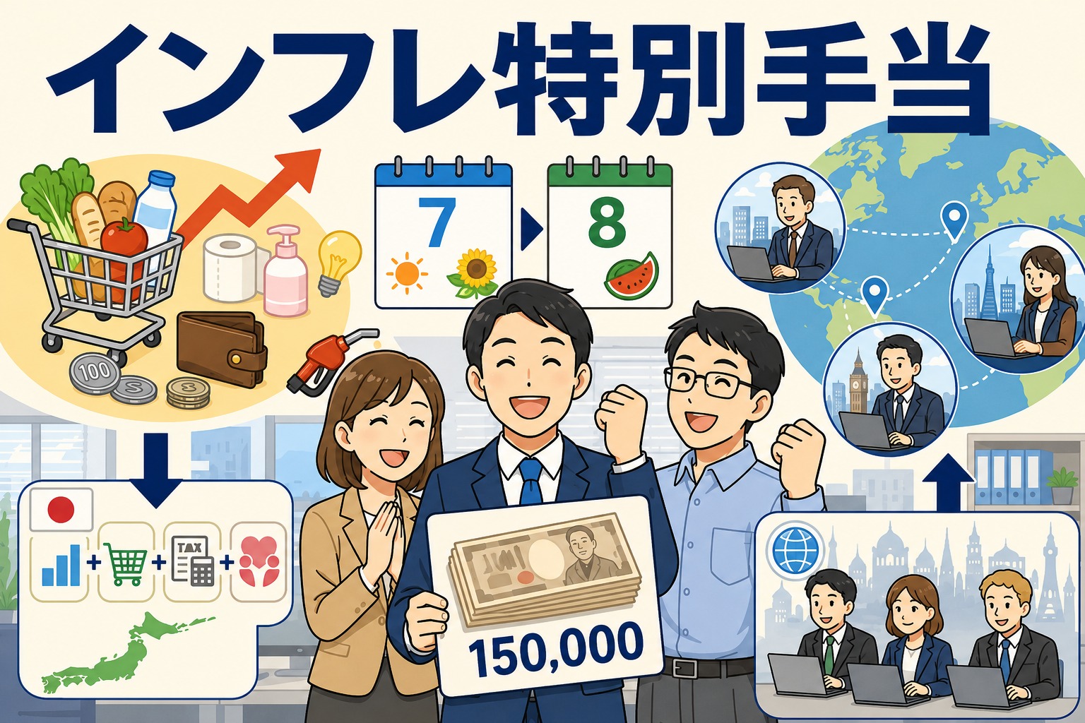 グループウェア開発・販売会社が物価高対策として、国内外の直接雇用社員にインフレ特別手当として最大15万円の特別一時金を支給するイメージ