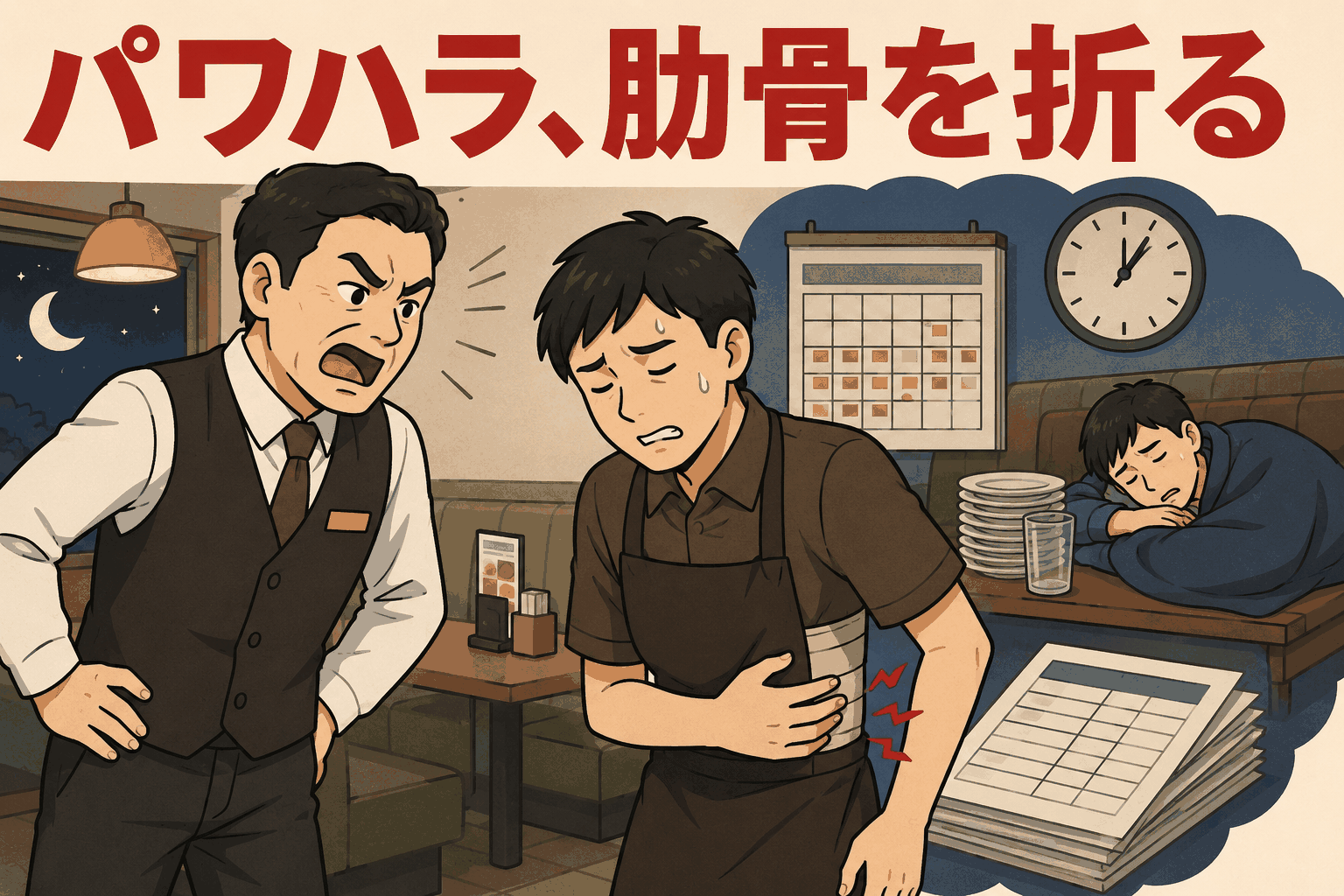 ファミリーレストラン店長による暴力・暴言・サービス残業を伴うパワハラで、従業員が肋骨骨折と長時間労働に苦しむ様子