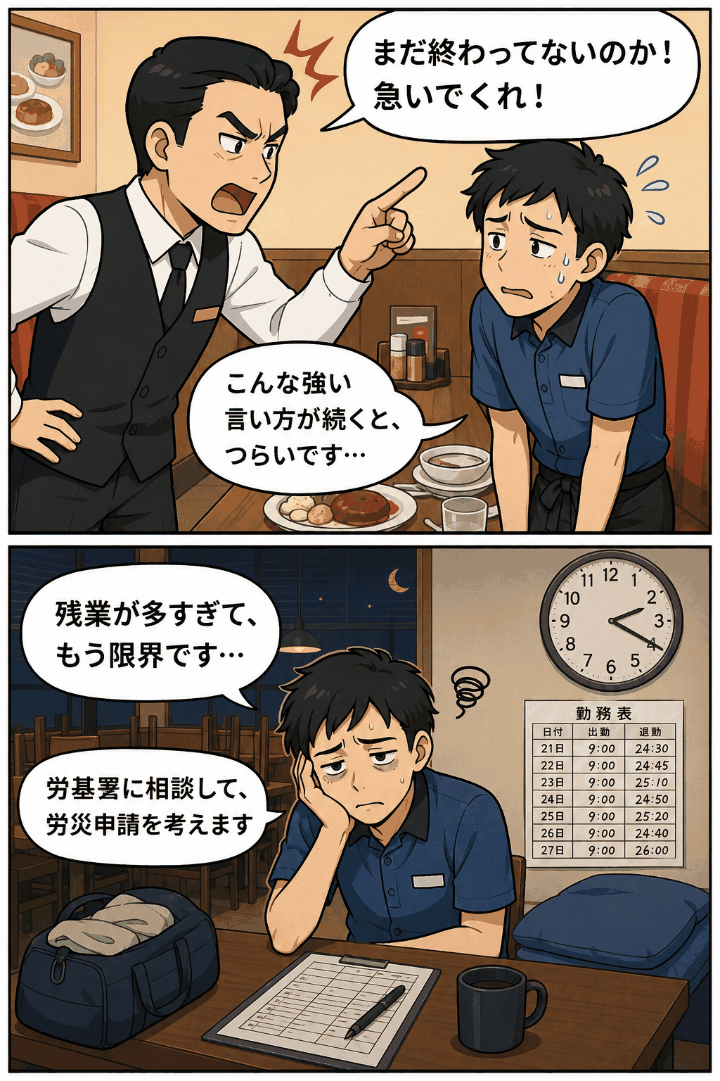 ファミリーレストランで店長から強い叱責を受ける従業員が、深夜まで続く長時間労働とサービス残業に疲弊し、労基署への相談や労災申請を考える様子