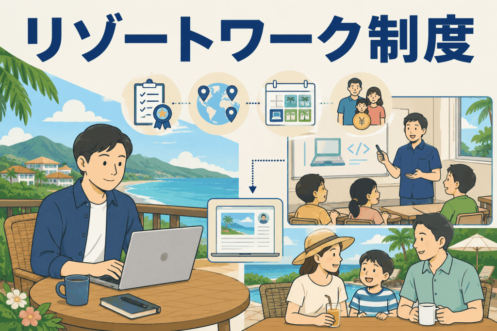 リゾート地でテレワークするIT企業社員と、現地学校で授業を行う研修・家族同行手当を含むリゾートワーク制度のイメージ