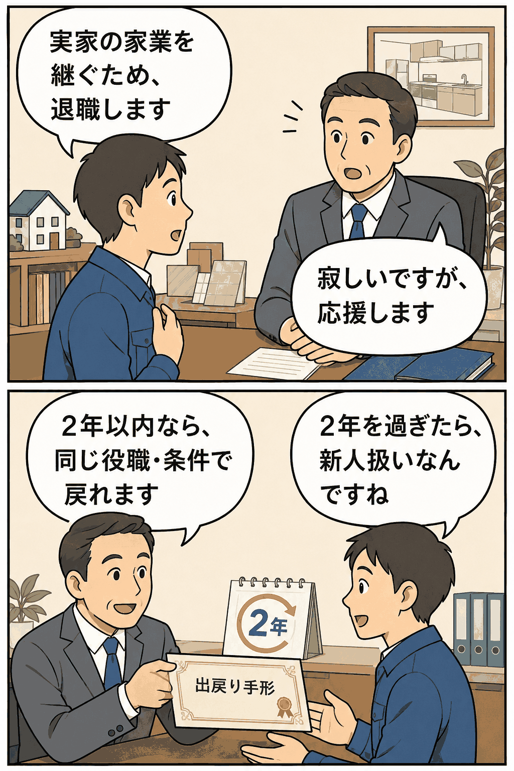 実家の家業を継ぐため退職する社員に、リフォーム会社が出戻り手形を発行する漫画イラスト。2年以内なら同じ役職・条件で復職可能。