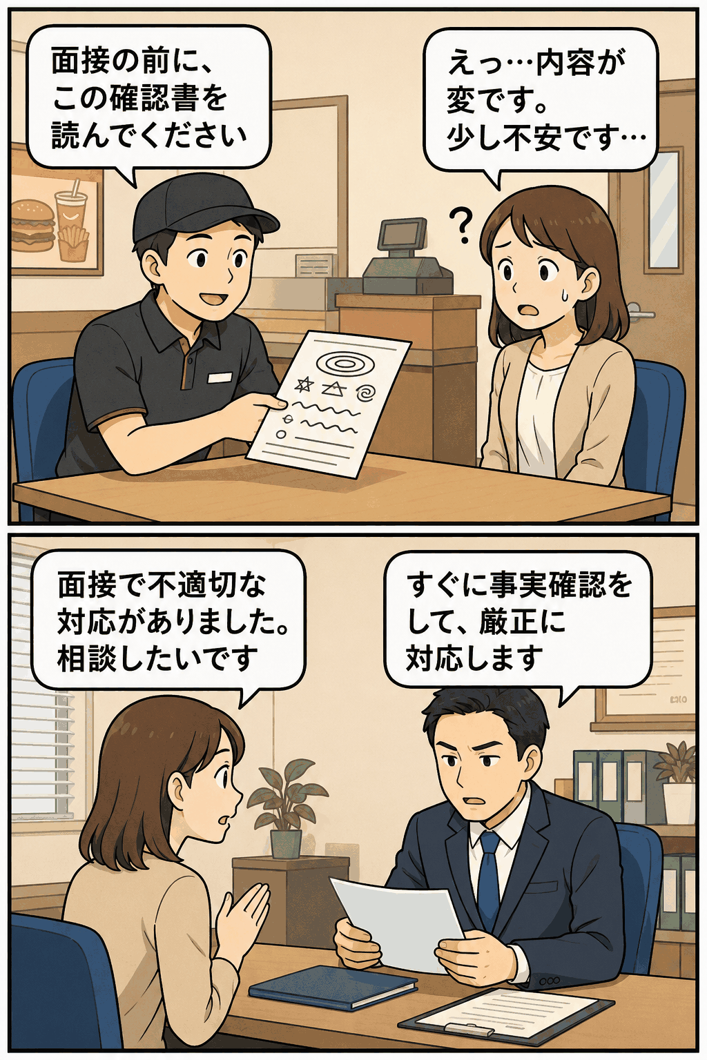 牛丼チェーン店のアルバイト面接で不審な確認書を渡され、不安を感じた女性応募者が本部担当者へ相談する漫画イラスト