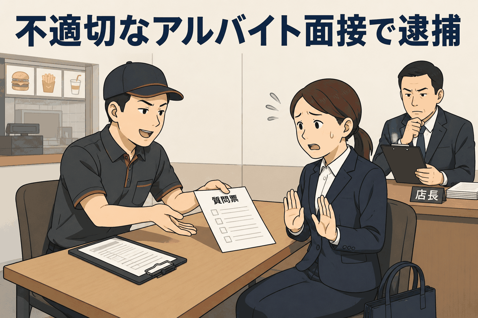 不適切なアルバイト面接で質問票を渡す男性社員と、不安そうに拒否する女性応募者、店長が見守る牛丼チェーン店の面接イメージ
