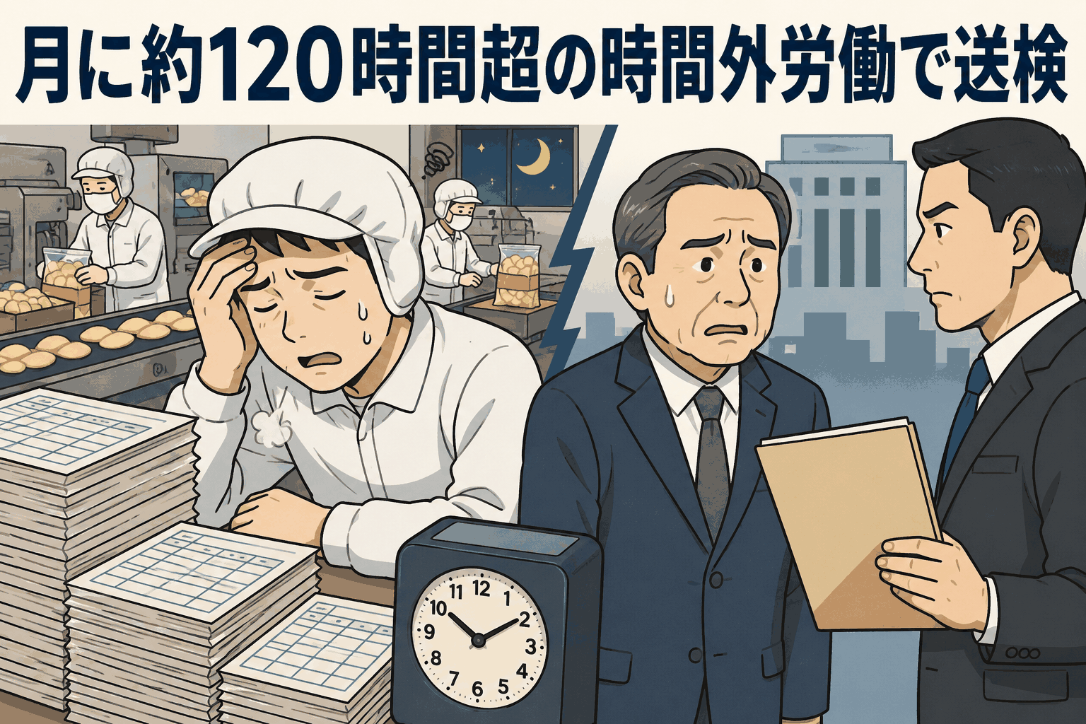 スナック菓子製造会社で月120時間超の時間外労働が発覚し、36協定違反の疑いで会社と社長が書類送検された事例を示すイラスト