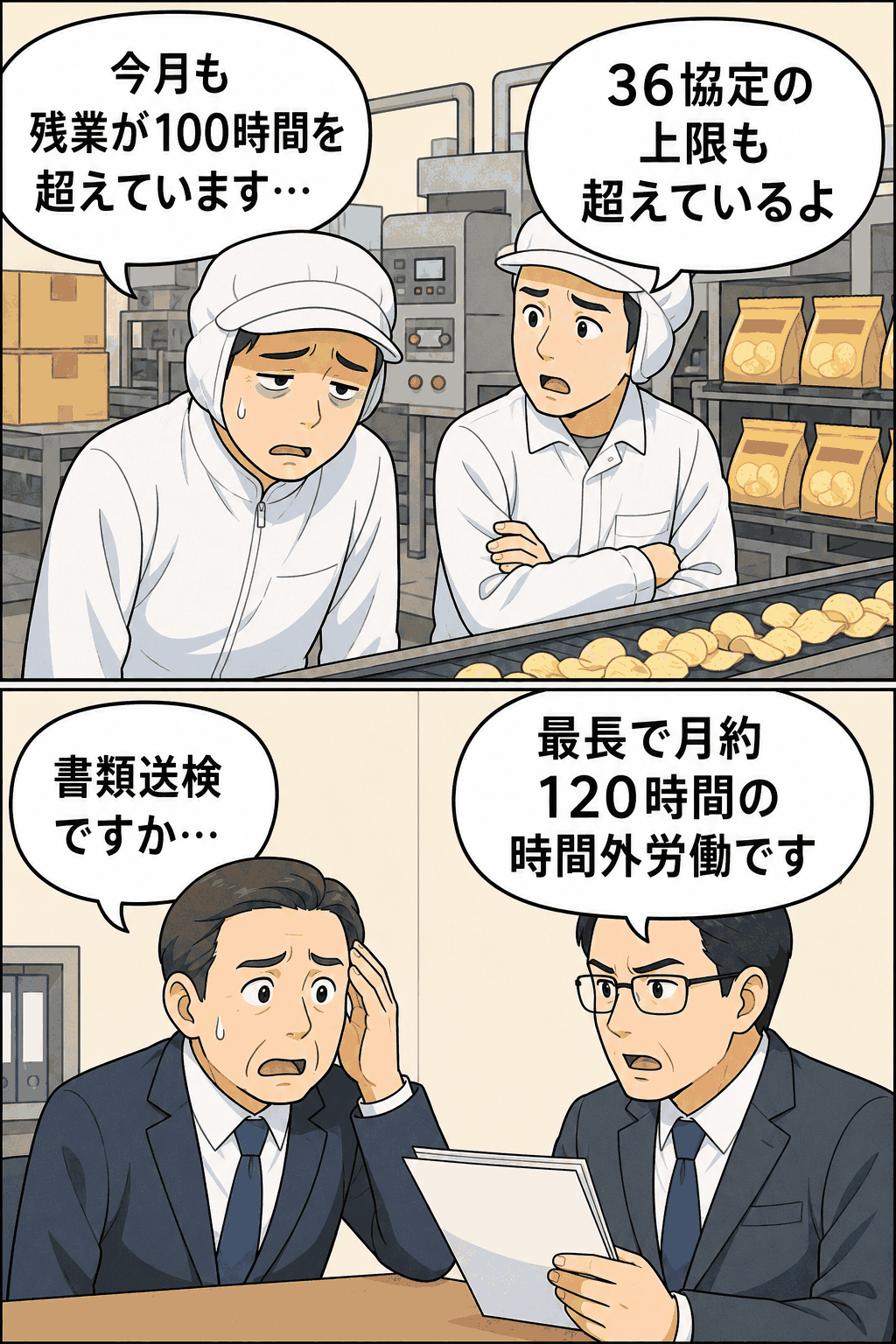 スナック菓子工場で残業100時間超や36協定上限超過が問題となり、最長月約120時間の時間外労働で書類送検された事例を描いたイラスト