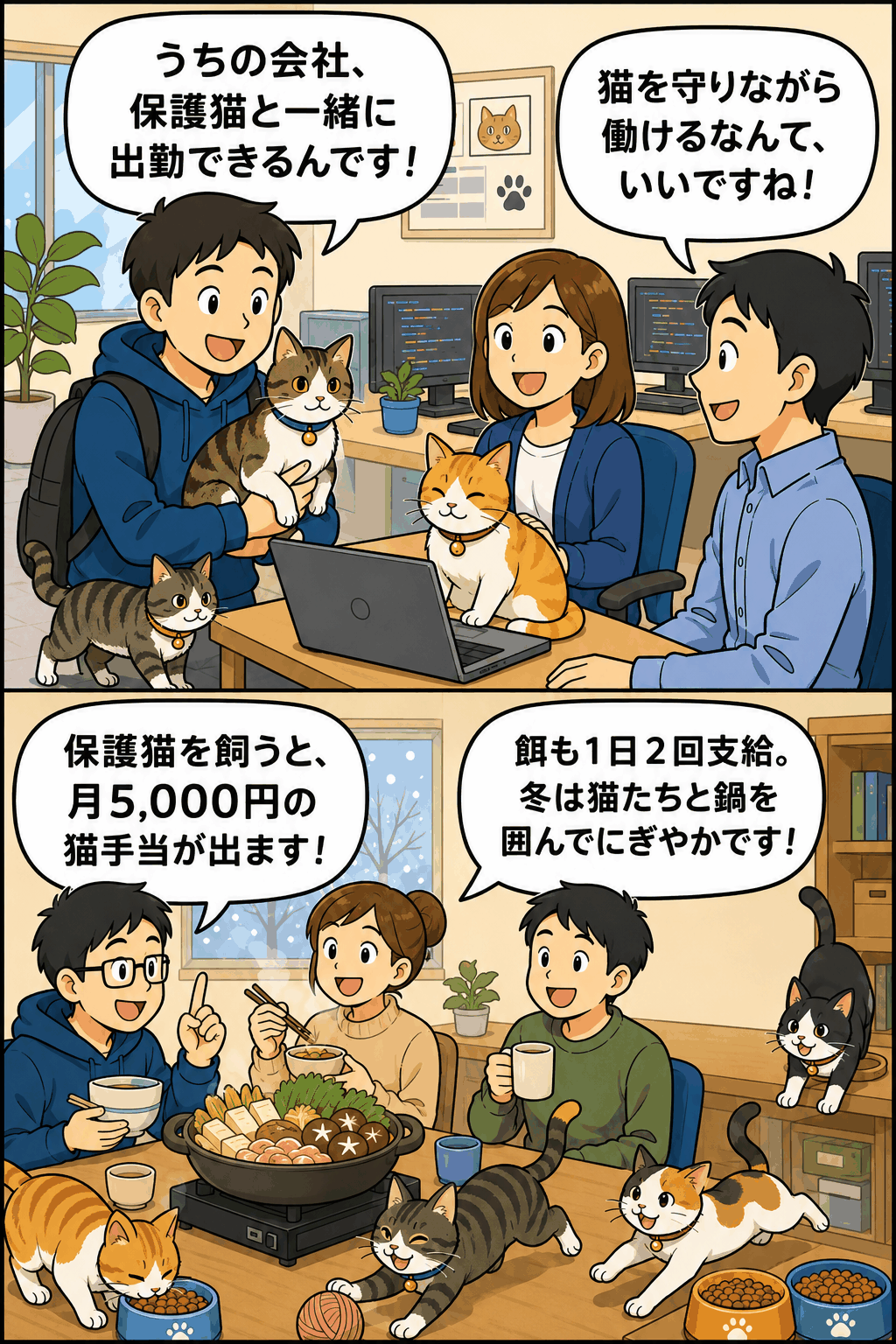 システム開発会社で社員が保護猫と一緒に働き、猫手当や餌支給制度を紹介する漫画風イラスト
