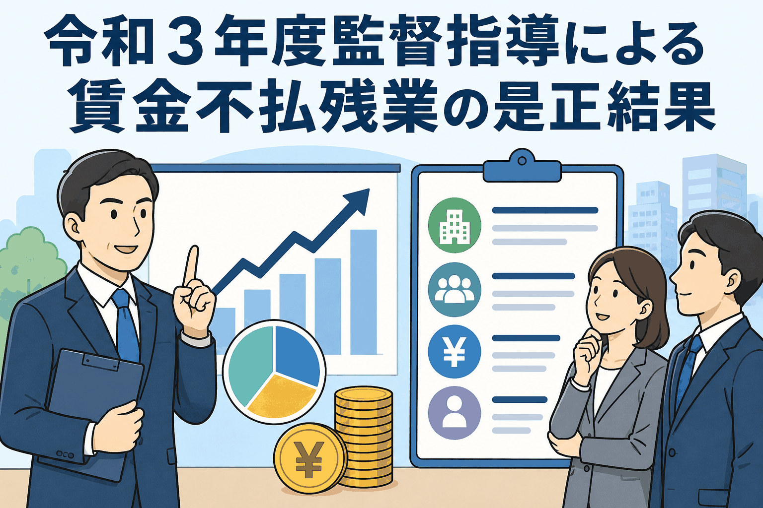 令和3年度の労働基準監督署による監督指導で、賃金不払残業の是正結果を説明するビジネス向けイラスト
