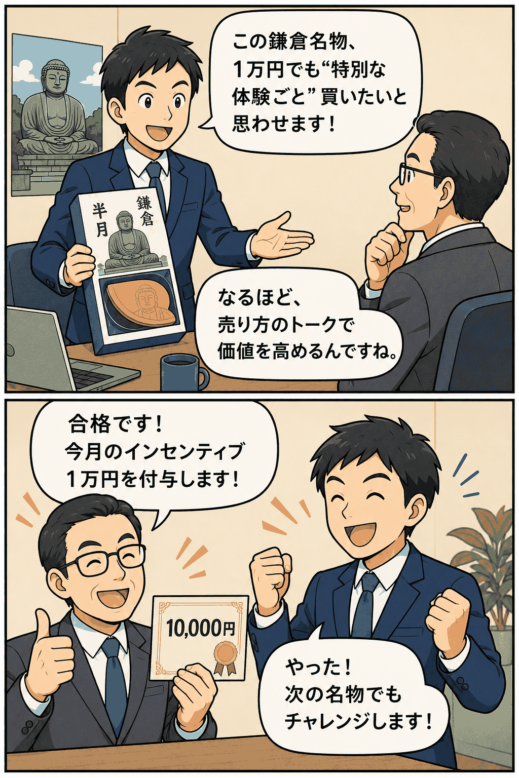 鎌倉ゆかりの名物を1万円で売る営業ロープレで、社員が社長にセールストークを行い、合格して1万円のインセンティブを受け取る様子