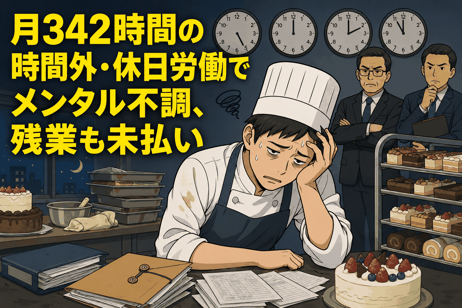 兵庫県の洋菓子店で働くパティシエが月342時間の時間外・休日労働により精神疾患を発症し、未払い残業代や慰謝料を求めて提訴した問題を表すアイキャッチ画像