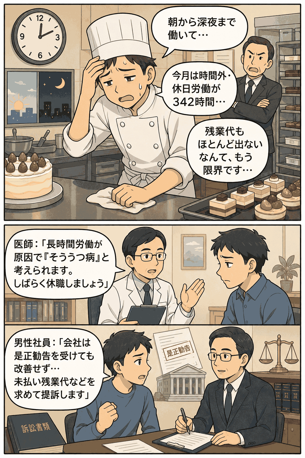 兵庫県の洋菓子店で働く男性パティシエが、月342時間の時間外・休日労働や未払い残業代に苦しみ、長時間労働によるそううつ病の診断後に会社を提訴する流れを描いた漫画画像