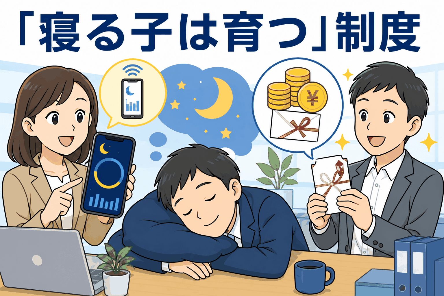 「寝る子は育つ」制度として、社員の睡眠時間をスマートフォンアプリで計測し、月平均7時間以上の睡眠で報奨金が支給される福利厚生制度のイラスト