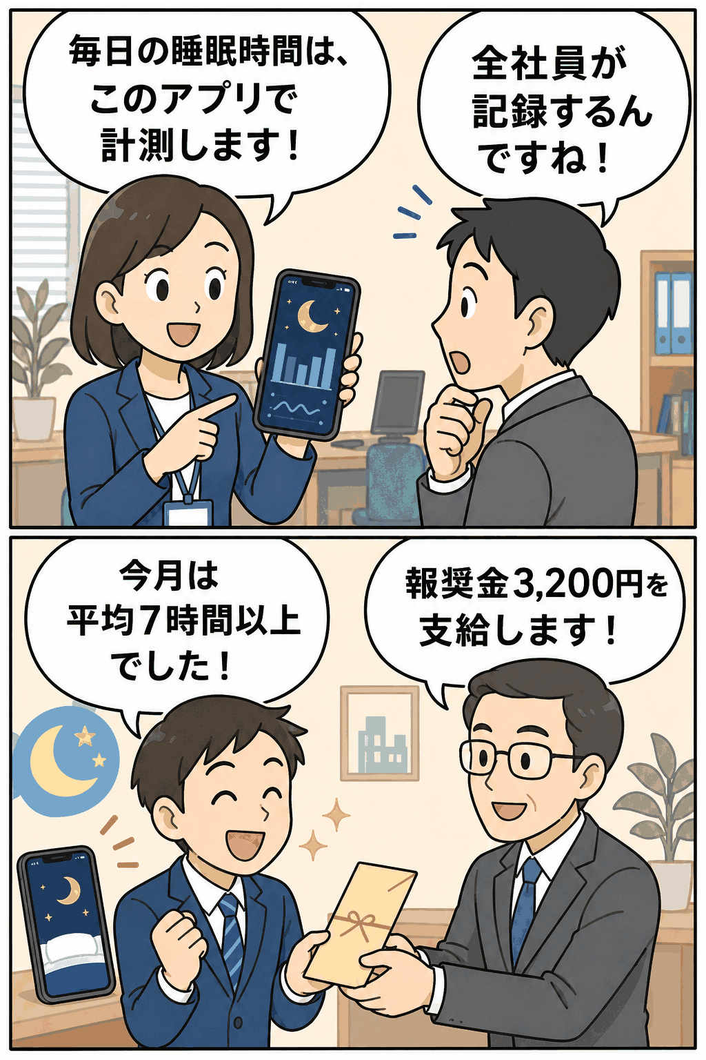 社員の睡眠時間をスマートフォンアプリで記録し、月平均7時間以上の睡眠で報奨金3,200円が支給される「寝る子は育つ」制度の漫画イラスト