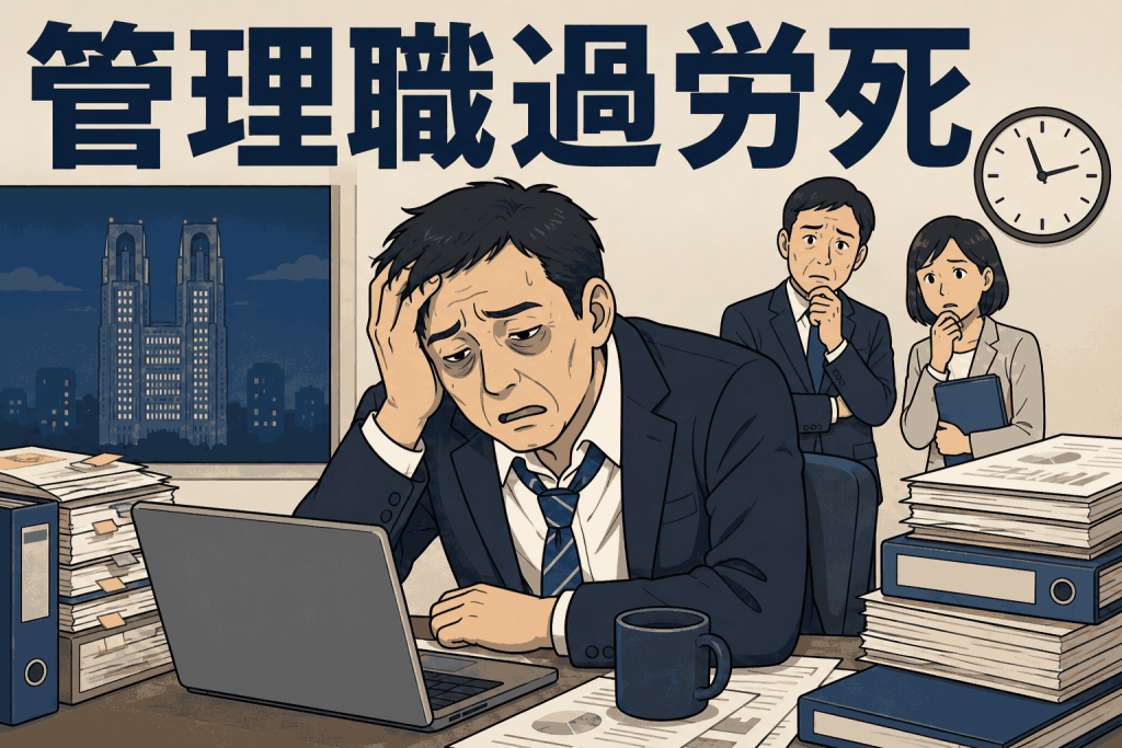 テレビ局の40代管理職男性が長時間労働により過労死し、労災認定を受けた問題を表すイラスト