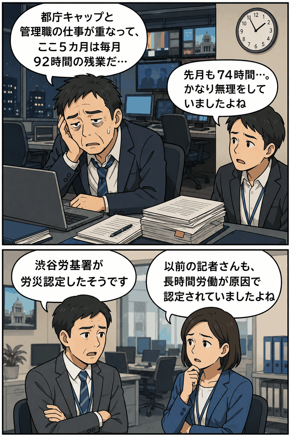 テレビ局の都庁キャップと管理職を兼務した40代男性が、月92時間の残業など長時間労働により過労死し、労災認定された問題を解説する漫画