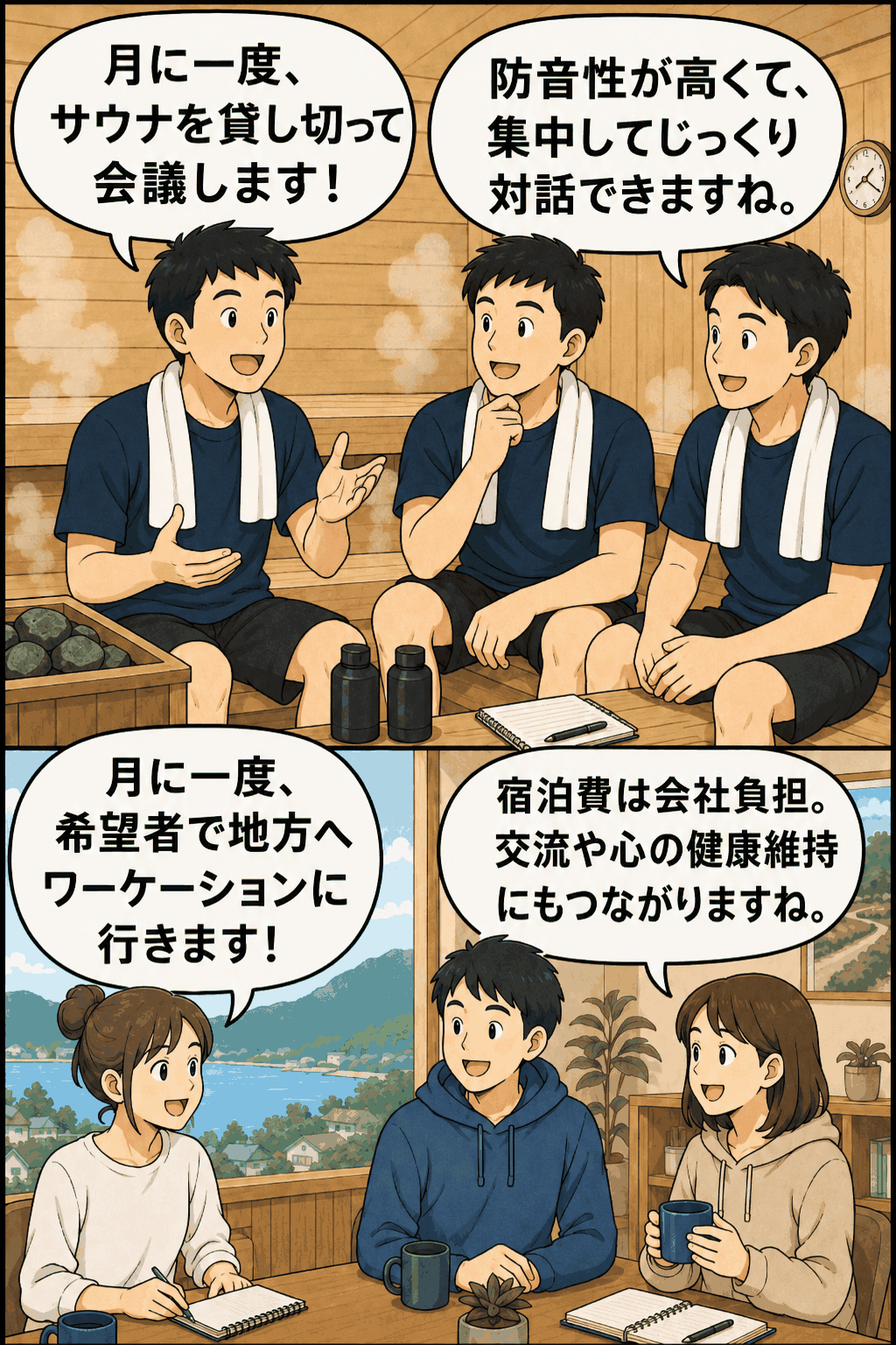 Z世代向け企画・マーケティング会社が月1回のサウナ会議と地方ワーケーションを導入する取り組みを説明した漫画