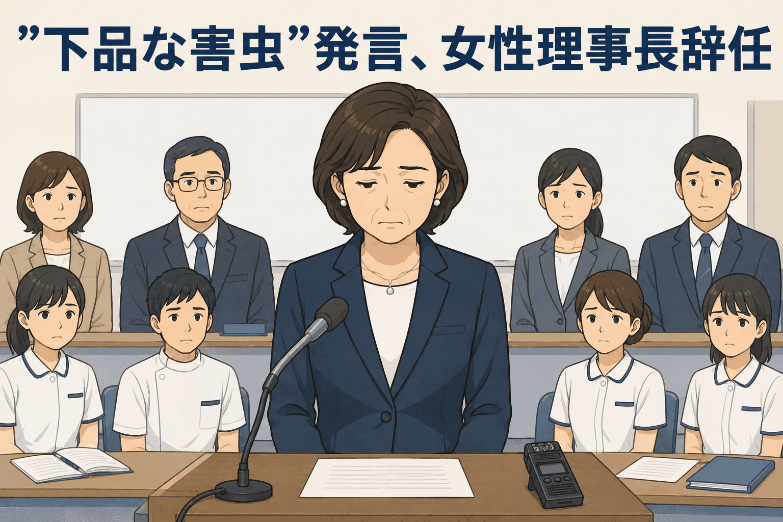 准看護師養成学校の女性理事長がパワハラ暴言問題で辞任する記者会見のイラスト