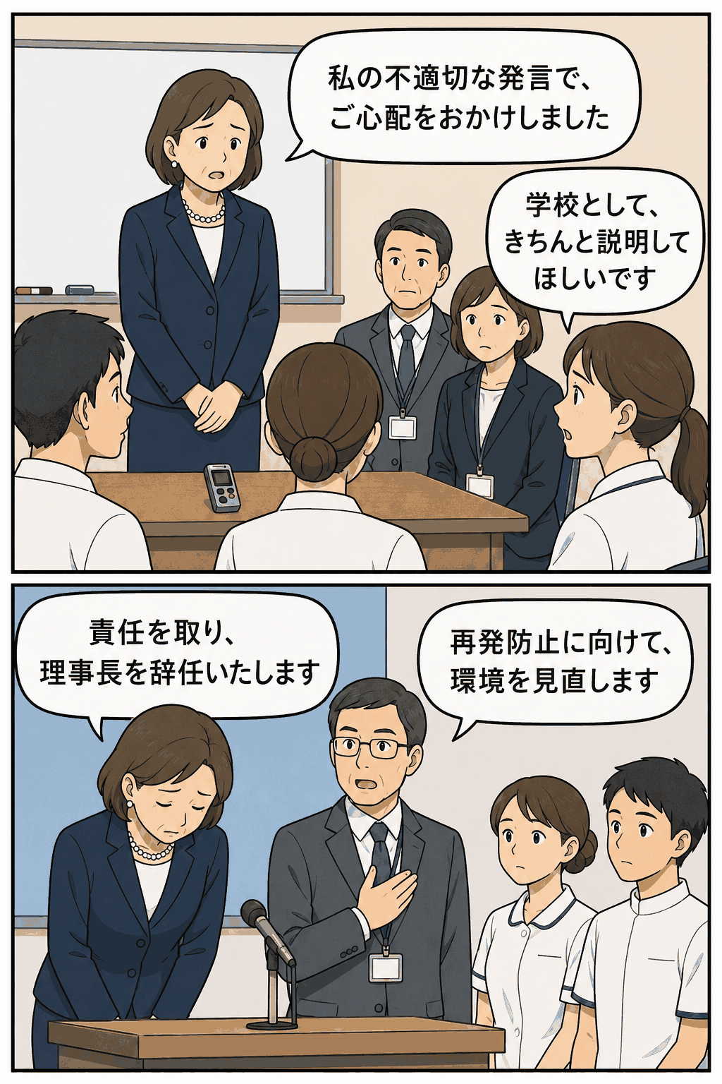 准看護師養成学校の女性理事長が生徒へのパワハラ暴言を謝罪し、辞任と再発防止を説明する漫画イラスト