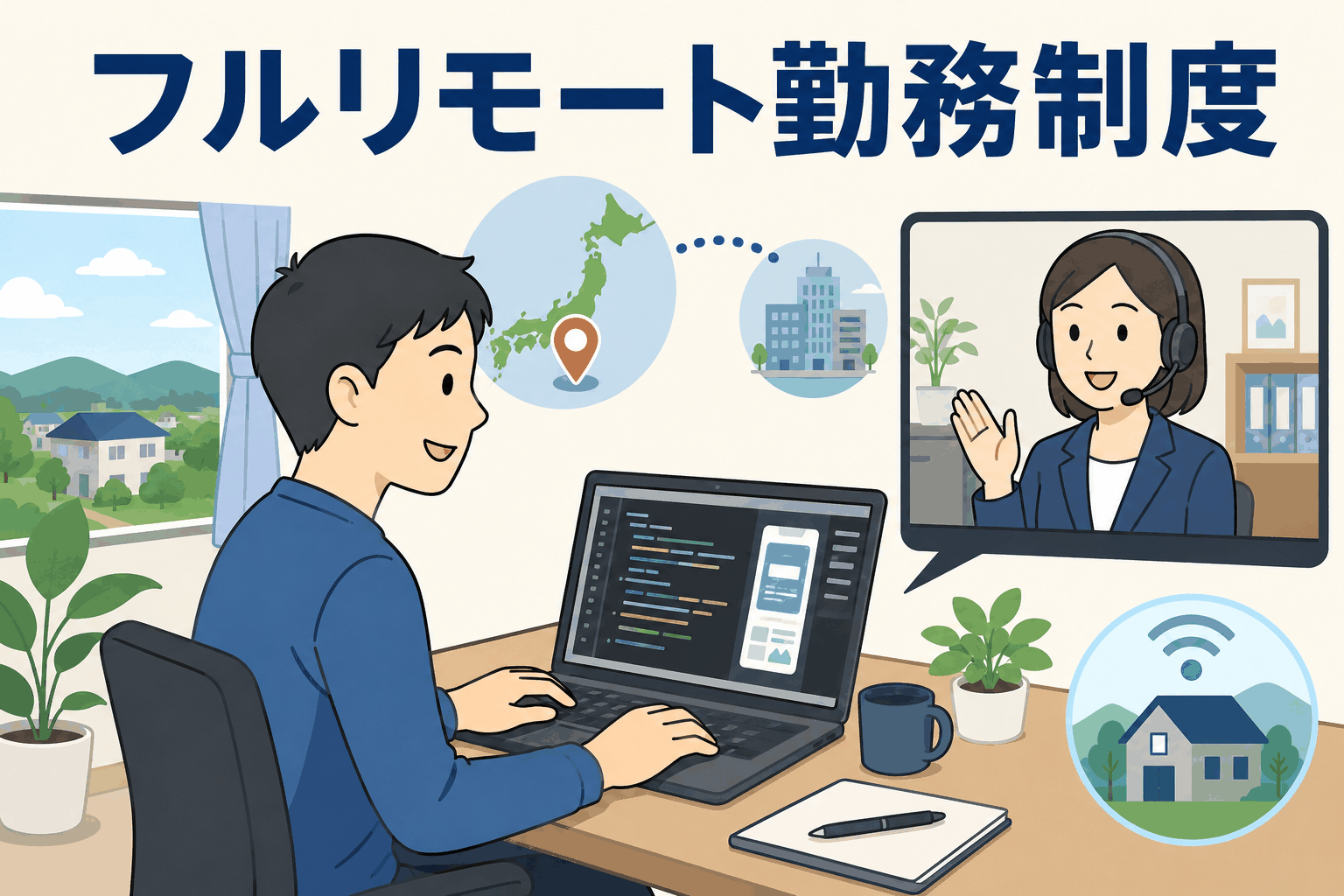 半導体関連企業が試験導入するフルリモート勤務制度のイメージ。通勤圏外からソフトウェア開発業務に携わる人材を採用。