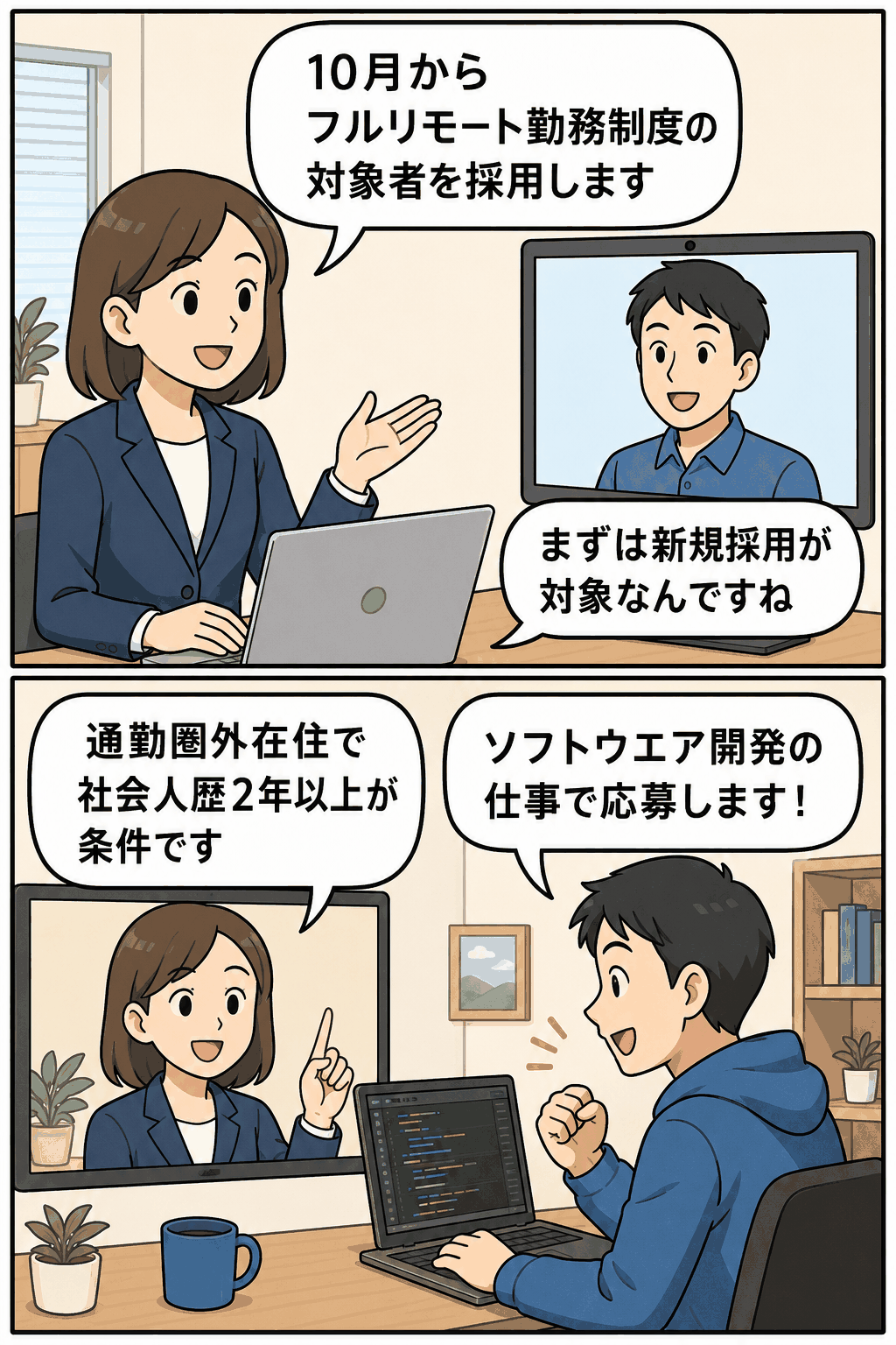 半導体関連企業が10月から試験導入するフルリモート勤務制度の説明。通勤圏外在住で社会人歴2年以上の人材を対象に、ソフトウェア開発職の新規採用を行う。