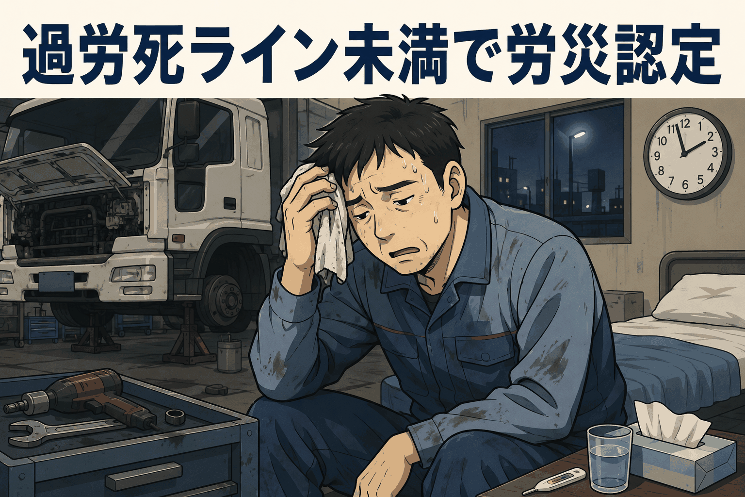 過労死ライン未満でも労災認定された整備士の過重労働を示すアイキャッチ画像
