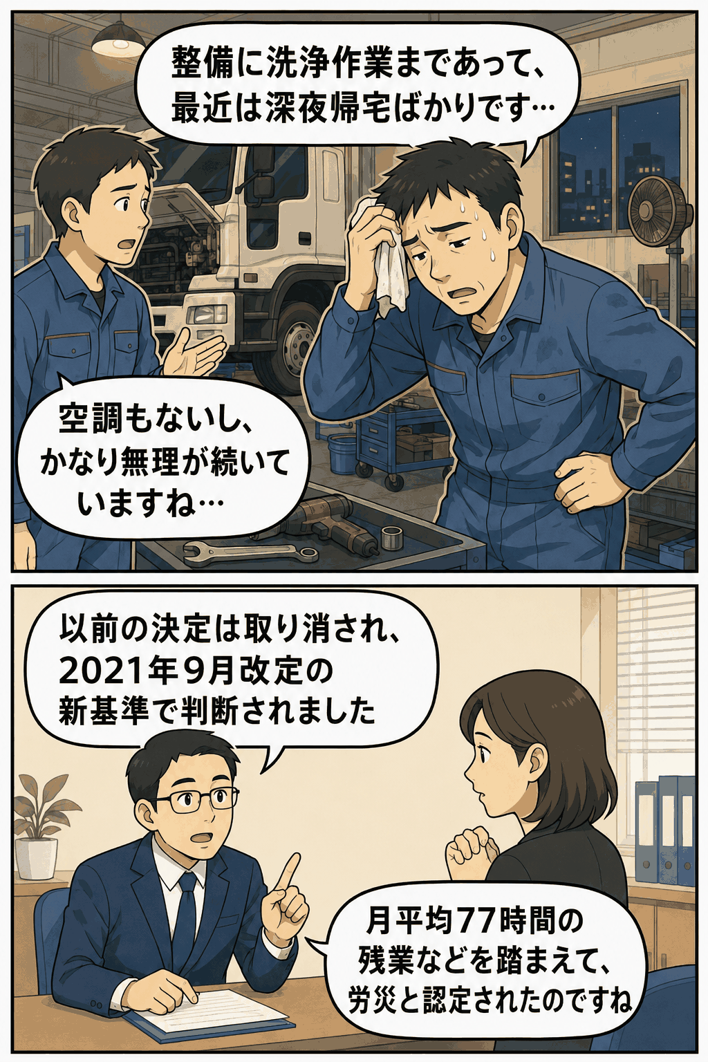 商用車整備士の過重労働と月平均77時間残業を踏まえた労災認定事例を解説する漫画画像
