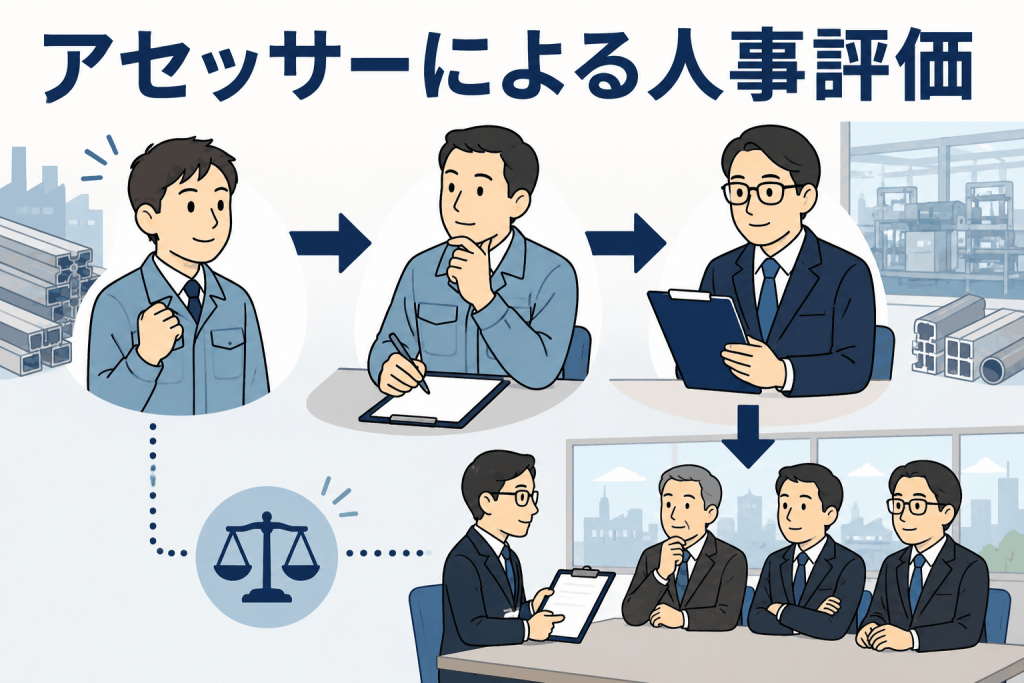 第三者アセッサーが社員の自己評価を検証し、公平な人事評価を行うアルミ製品製造会社の評価制度