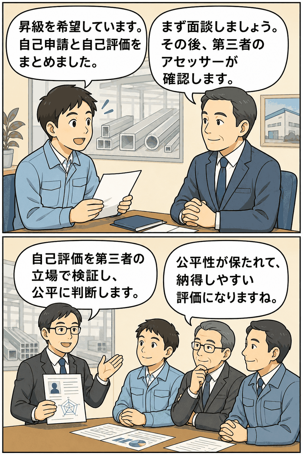 昇級希望者が自己申請と自己評価を提出し、上司面談後に第三者アセッサーが公平性を確認する人事評価制度の漫画