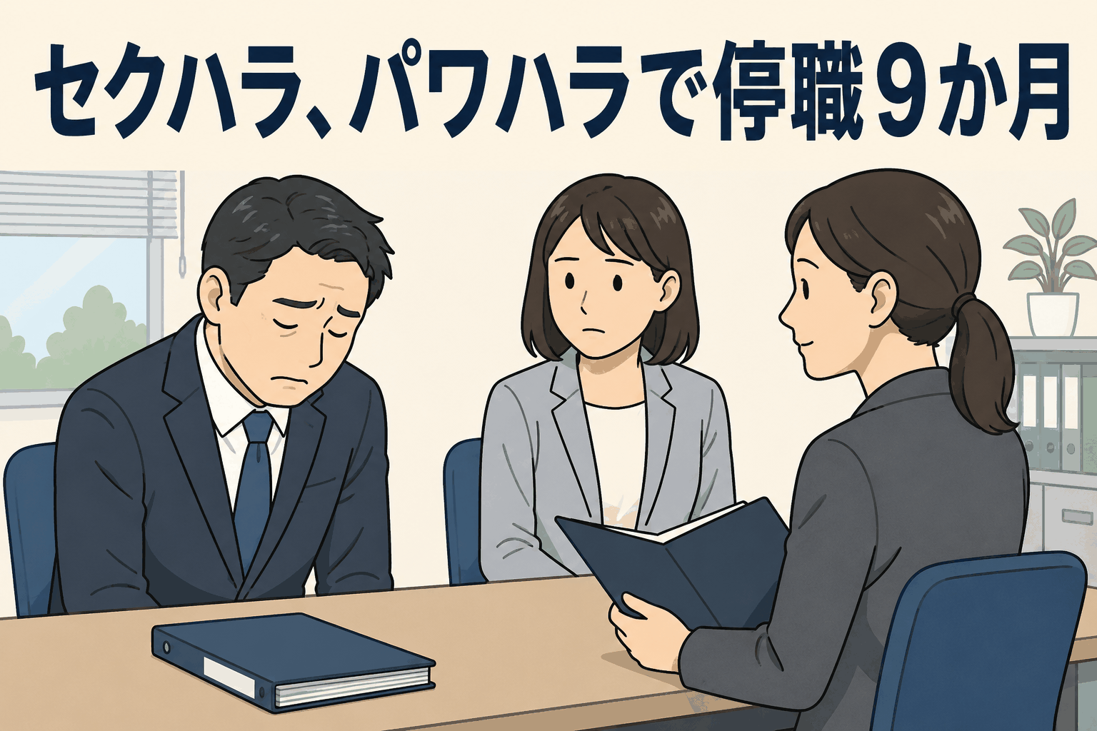 セクハラ・パワハラ行為により停職9カ月の懲戒処分を受けた男性職員と、相談する女性職員のイラスト