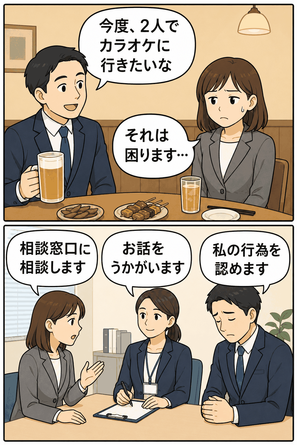 懇親会で男性職員が女性職員を二人きりのカラオケに誘い、被害女性が相談窓口にハラスメントを相談する漫画風イラスト