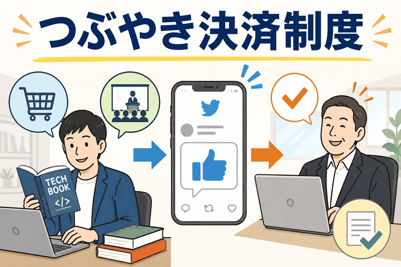 IT会社のつぶやき決済制度を説明する図解。技術書購入やカンファレンス参加をXへの投稿で即検討・即決済する仕組みを表現。
