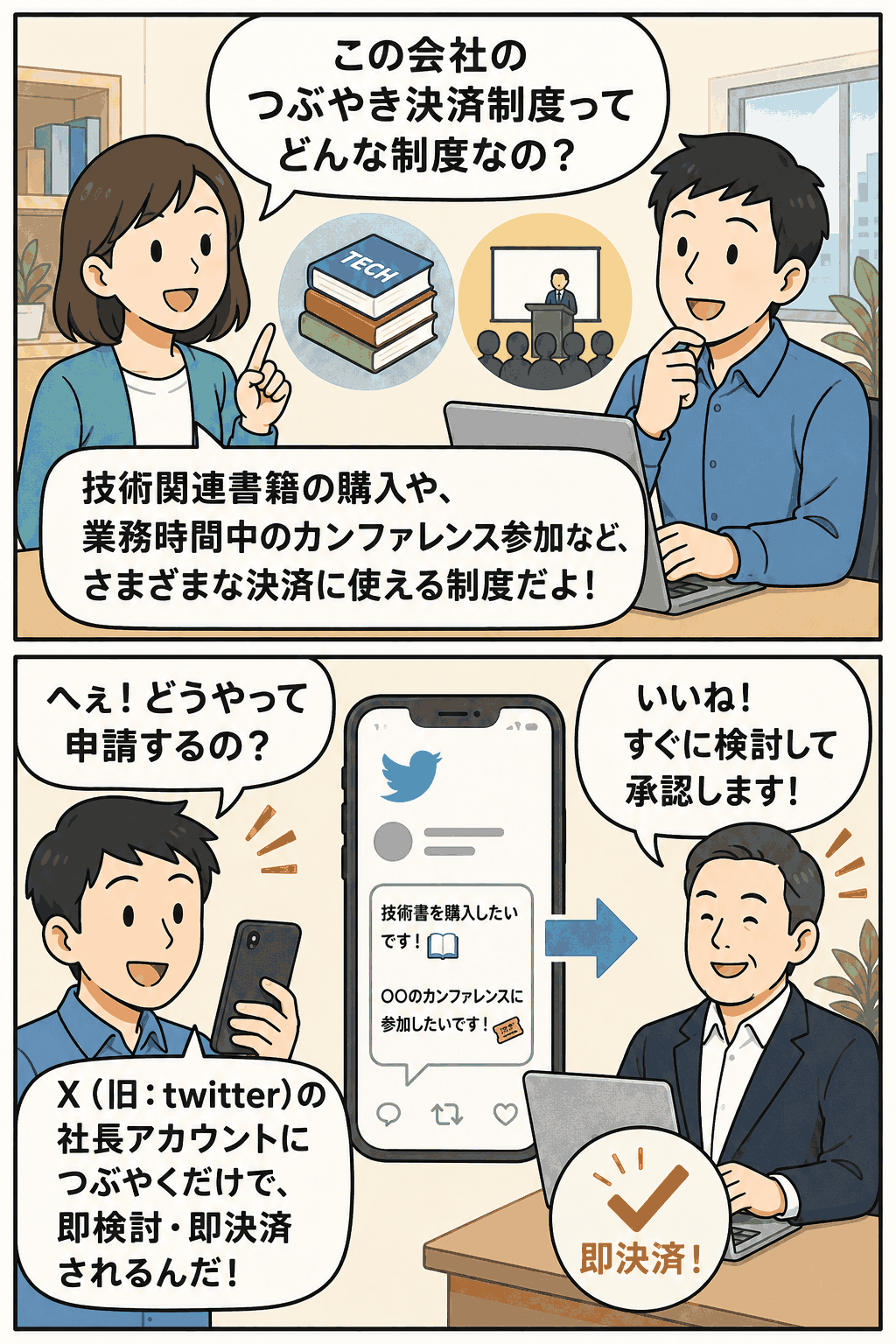 IT会社のつぶやき決済制度を漫画で解説。技術書購入やカンファレンス参加をXの社長アカウントへ投稿し、即検討・即決済される流れ。