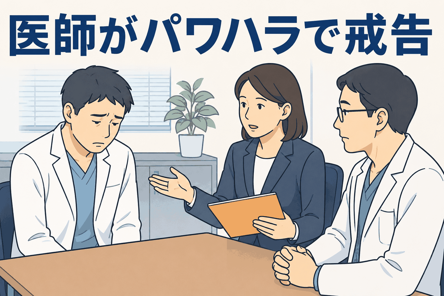 医師が同僚医師への暴力的指導により戒告処分を受けたことを表す病院内の面談イラスト