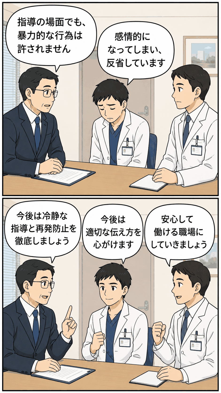 暴力的指導で戒告処分を受けた男性医師が面談で反省し、再発防止を確認する漫画イラスト