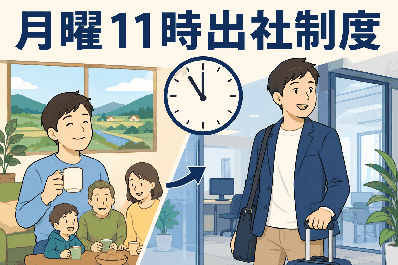 月曜11時ゆとり出社制度で、週末に家族と過ごしてから月曜朝に出社する社員のイラスト