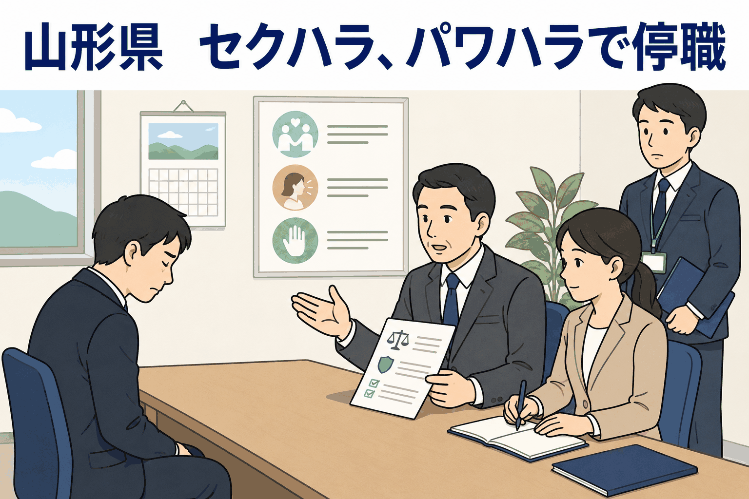 山形県の男性職員2人がセクハラやパワハラ、無断欠勤で停職処分を受けたことを表すイラスト