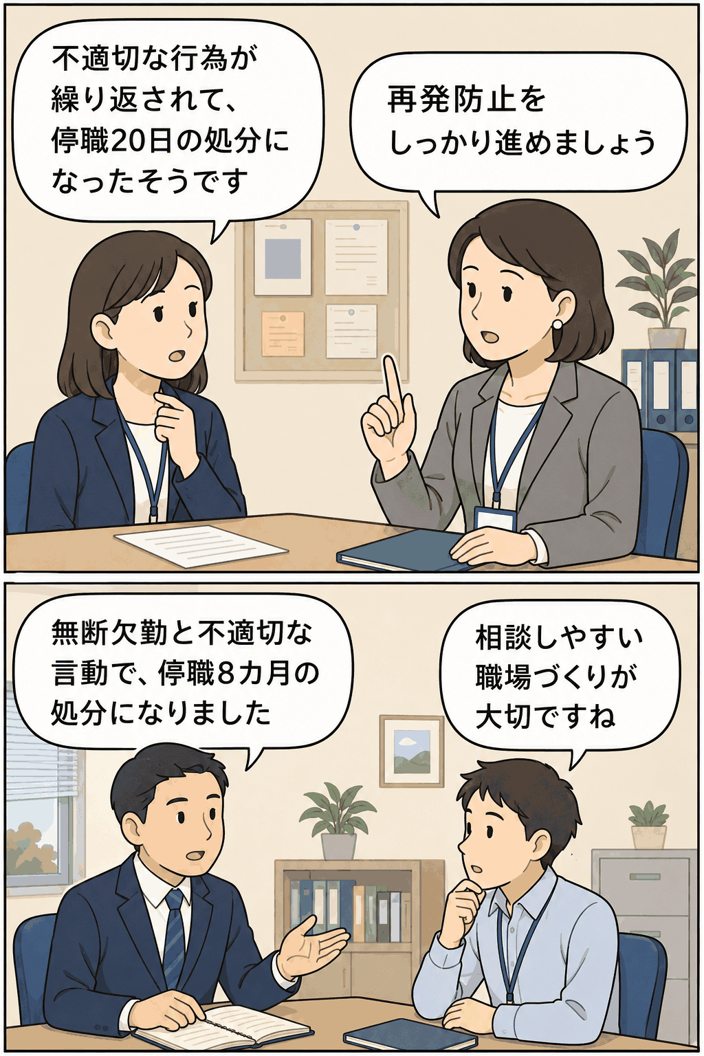 山形県の男性職員2人がセクハラや無断欠勤、パワハラで停職処分となり、職場で再発防止を話し合う様子を描いた漫画