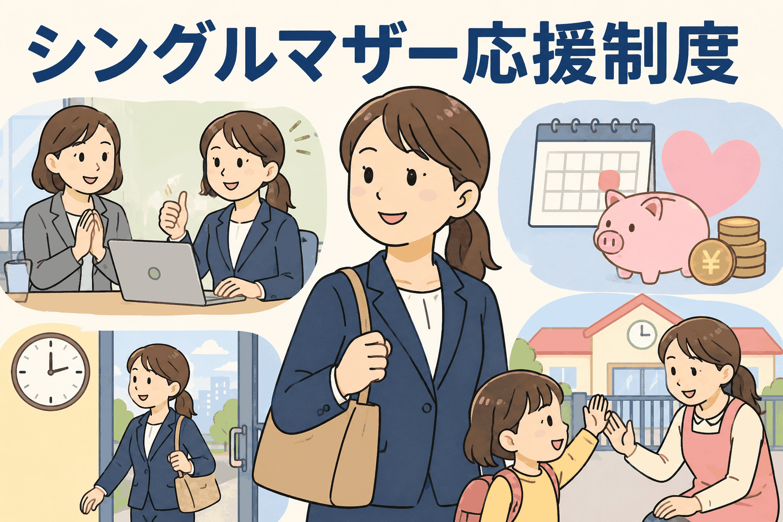 ビジネスマッチング会社のシングルマザー応援制度を紹介するイラスト。母子家庭で働く女性に毎月5万円程度の応援金、時短勤務、子どもの急病時の早退対応を支援する内容を表現。