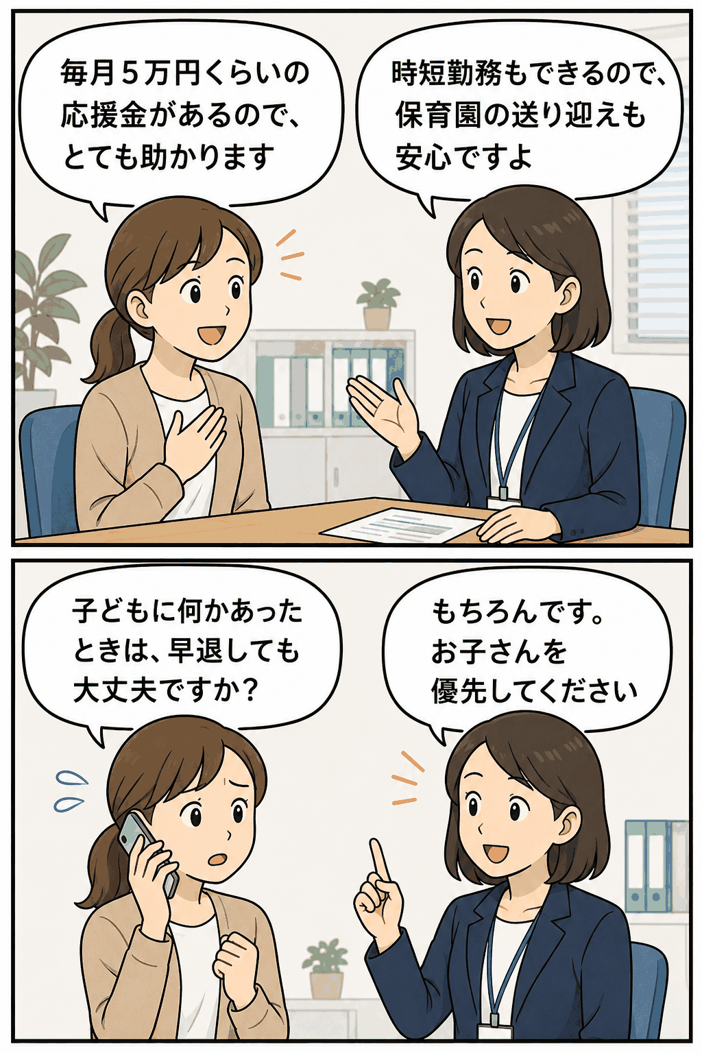 ビジネスマッチング会社のシングルマザー応援制度を説明する漫画。毎月5万円程度の応援金、時短勤務による保育園の送迎対応、子どもの緊急時の早退について相談する様子。