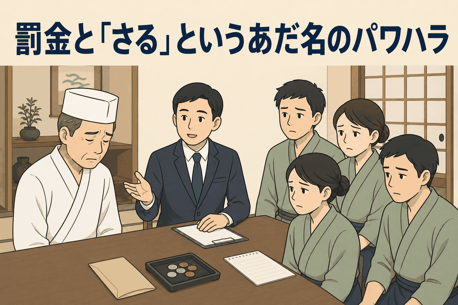滋賀県大津市の旅館で料理長による罰金徴収や「さる」というあだ名などのパワハラが問題となり、元従業員4名への損害賠償が命じられた事例を解説するイラスト