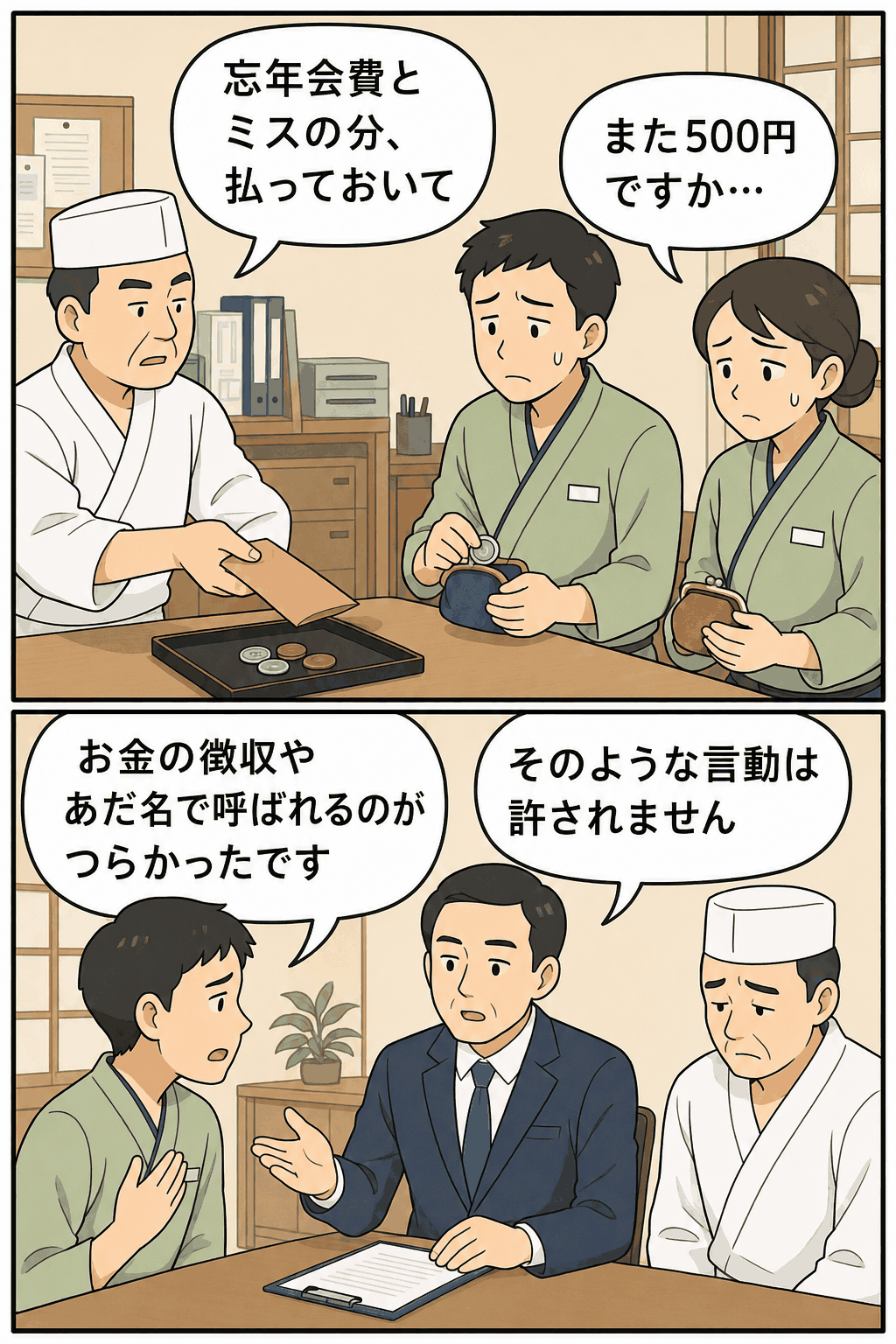 滋賀県大津市の旅館で、料理長が従業員に忘年会費やミスの罰金を徴収し、「さる」というあだ名や暴言によるパワハラが問題となった訴訟を描いた漫画