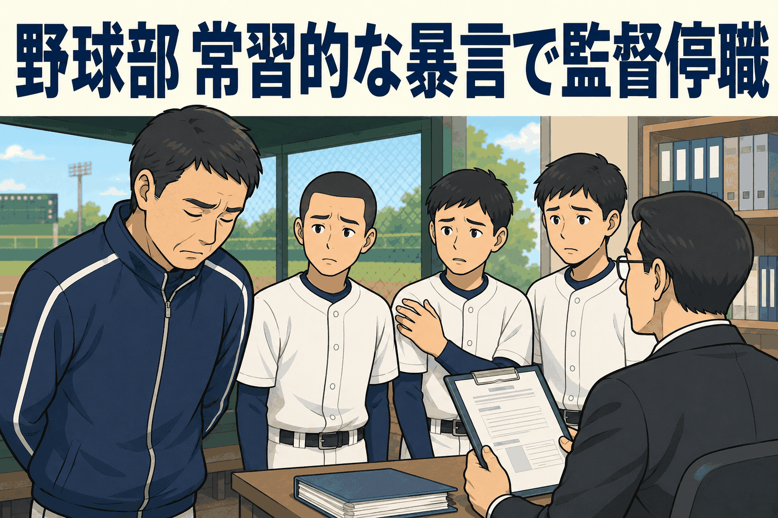 夏の甲子園出場経験がある高校野球部で、常習的な暴言やけがを報告しにくい雰囲気によるパワハラが認定され、監督の教諭が停職処分を受けたことを示すイラスト