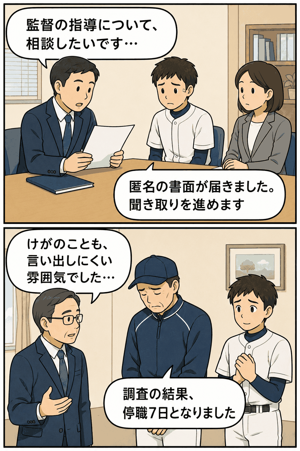 匿名の書面をきっかけに、高校野球部監督のパワハラ疑惑について聞き取り調査が行われ、常習的な暴言やけがを報告しにくい雰囲気が認定される漫画風イラスト