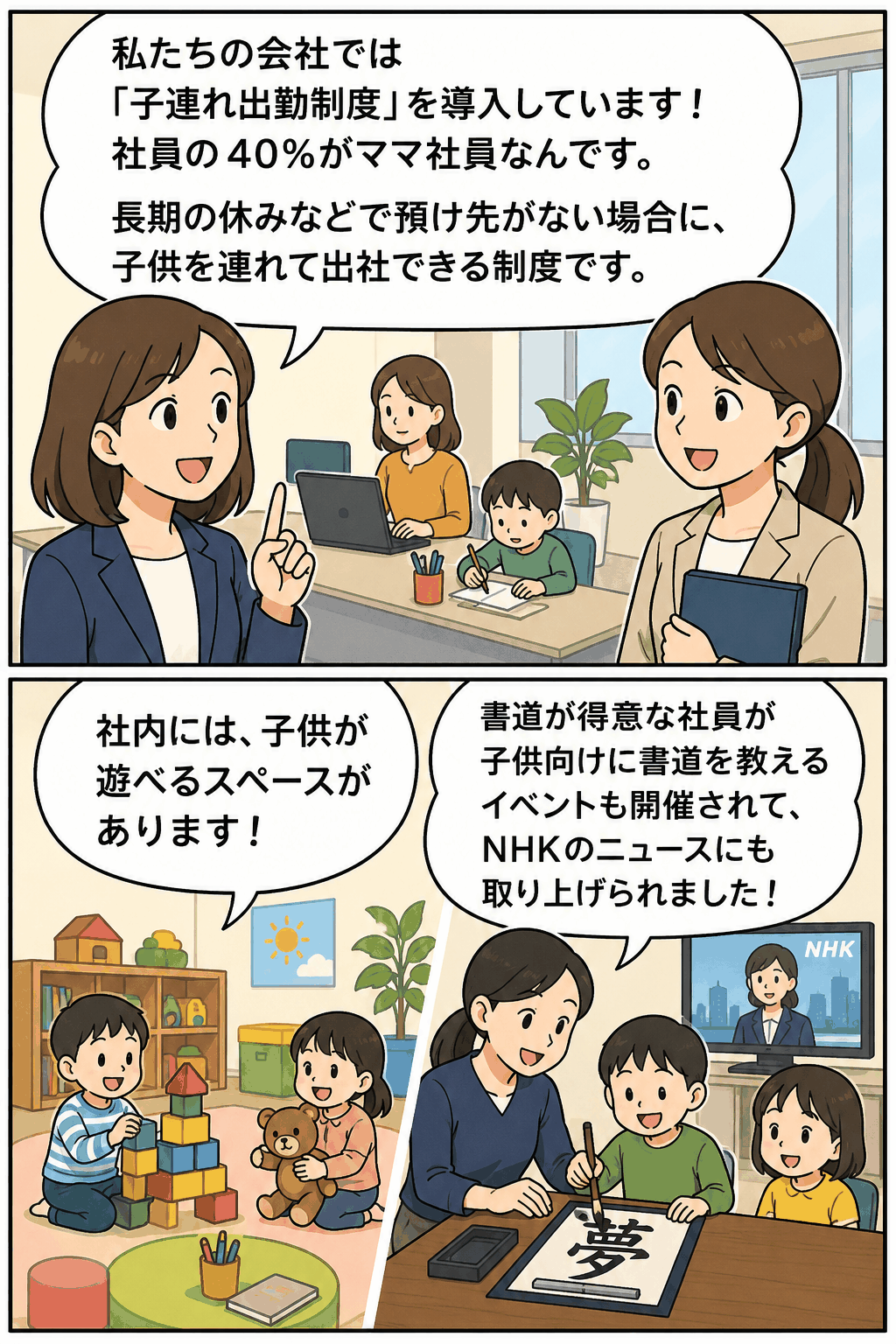 子連れ出勤制度を導入する化粧品会社で、ママ社員が制度内容を説明し、子供たちが社内の遊び場や書道イベントを楽しむ漫画風イラスト