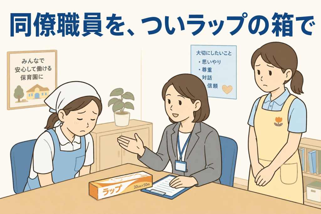 同僚職員を、ついラップの箱で