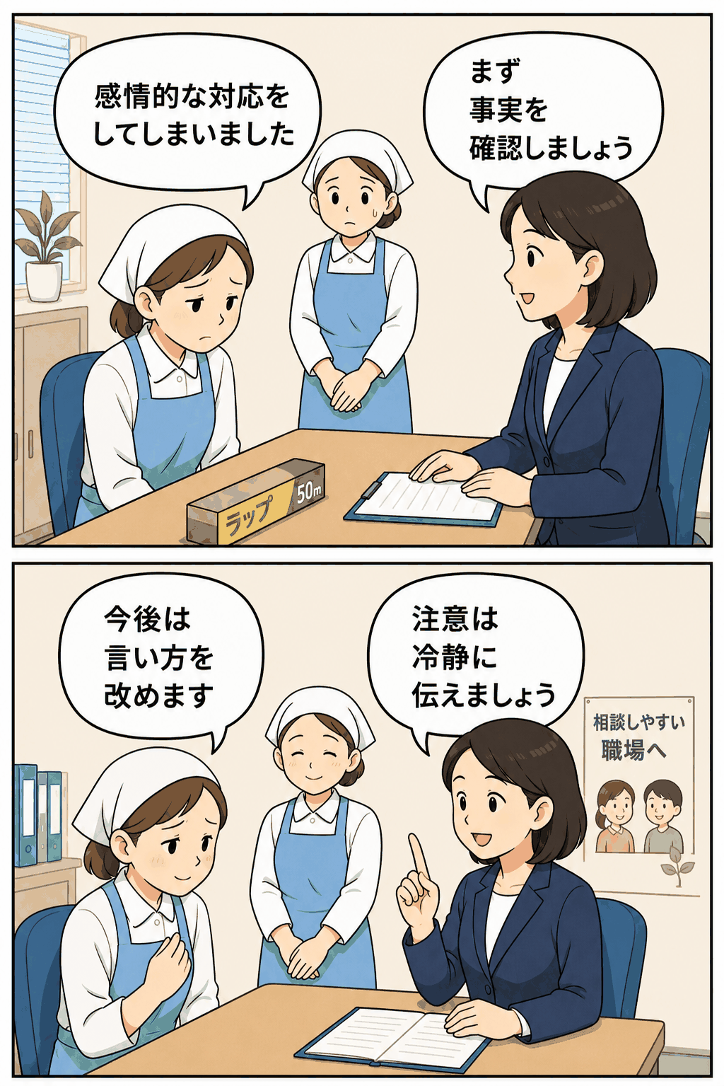 市立保育所の女性調理員による同僚へのパワハラ問題について、事実確認と冷静な注意の重要性を話し合う職員面談のイラスト