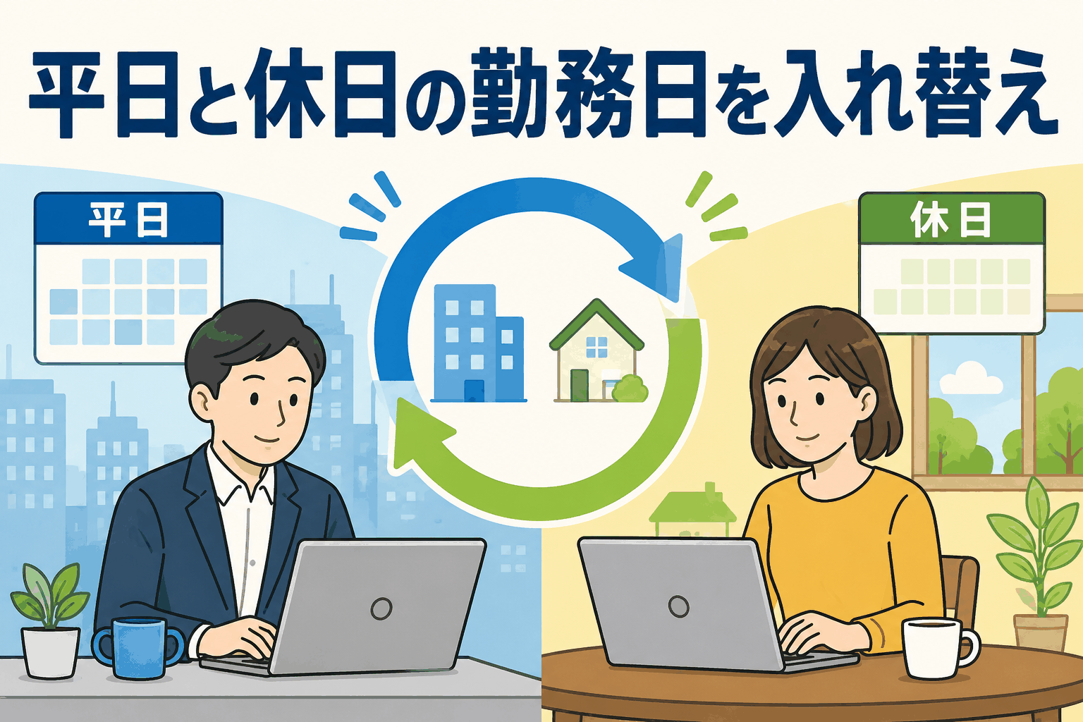 平日と休日の勤務日を入れ替えられる制度「どにーちょ」を説明する、オフィス勤務と在宅勤務のイラスト