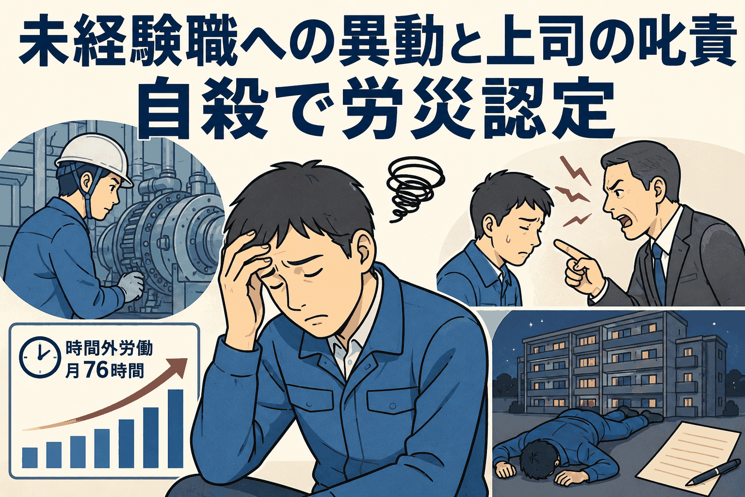 未経験職への異動、月76時間の時間外労働、上司の叱責が重なり、製鉄会社の元社員の自殺が労災認定された事例を解説するアイキャッチ画像