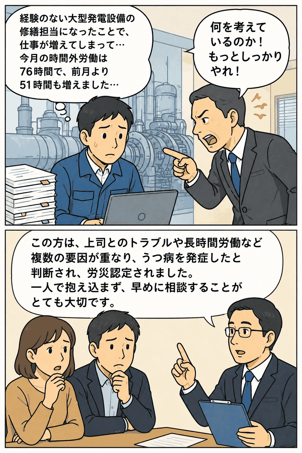 未経験の大型発電設備修繕を担当した製鉄会社の元社員が、月76時間の時間外労働や上司の叱責などを背景にうつ病を発症し、自殺が労災認定された事例を説明する漫画画像