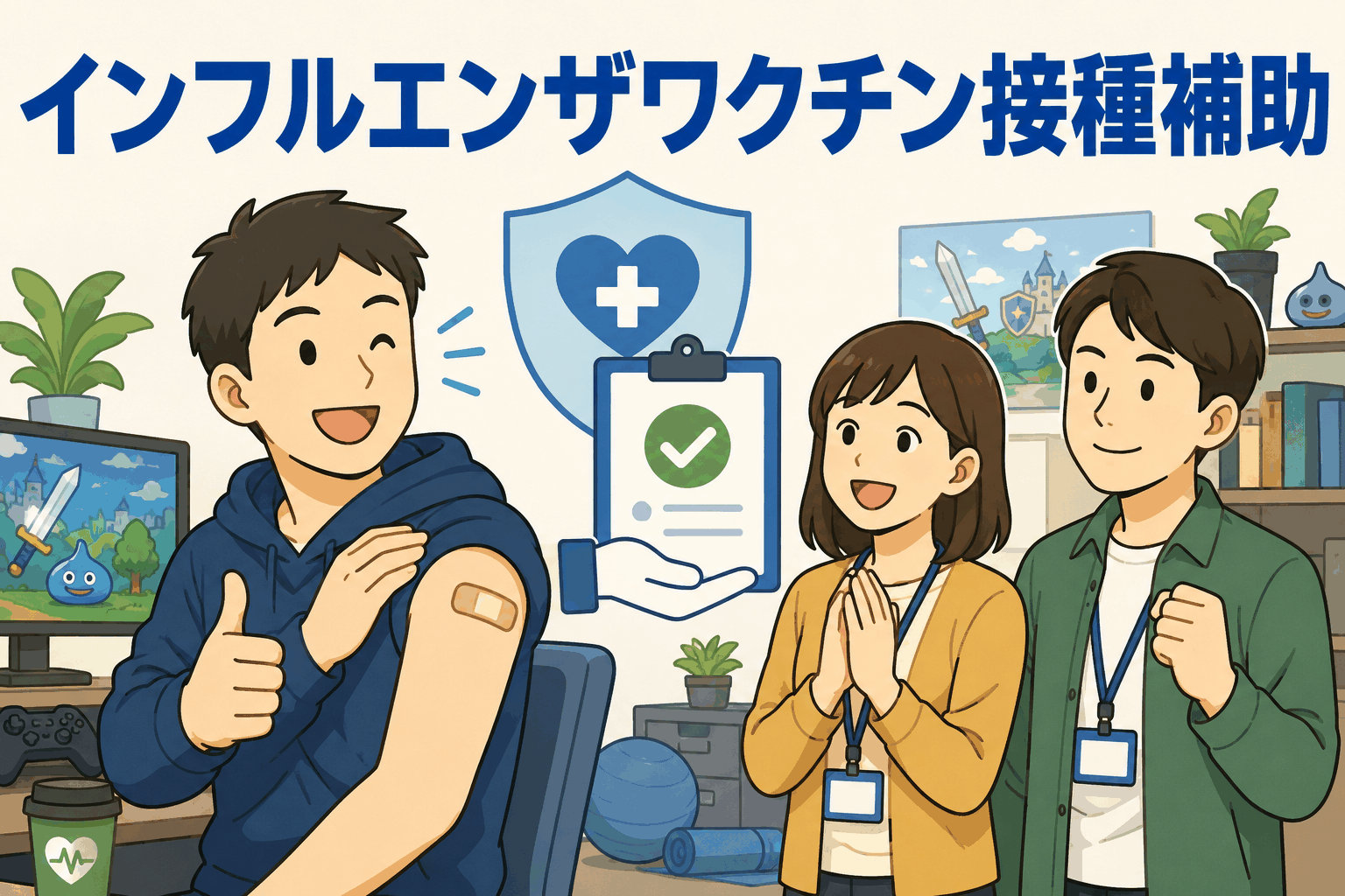 ゲームアプリ開発会社の健康サポート制度として、インフルエンザワクチン接種費用補助を受ける社員と医療スタッフのイラスト